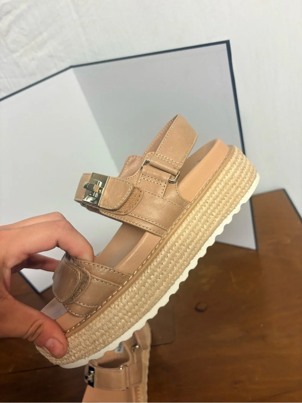 Steve Madden Tan Platform Velcro Sandals with Silver Buckle